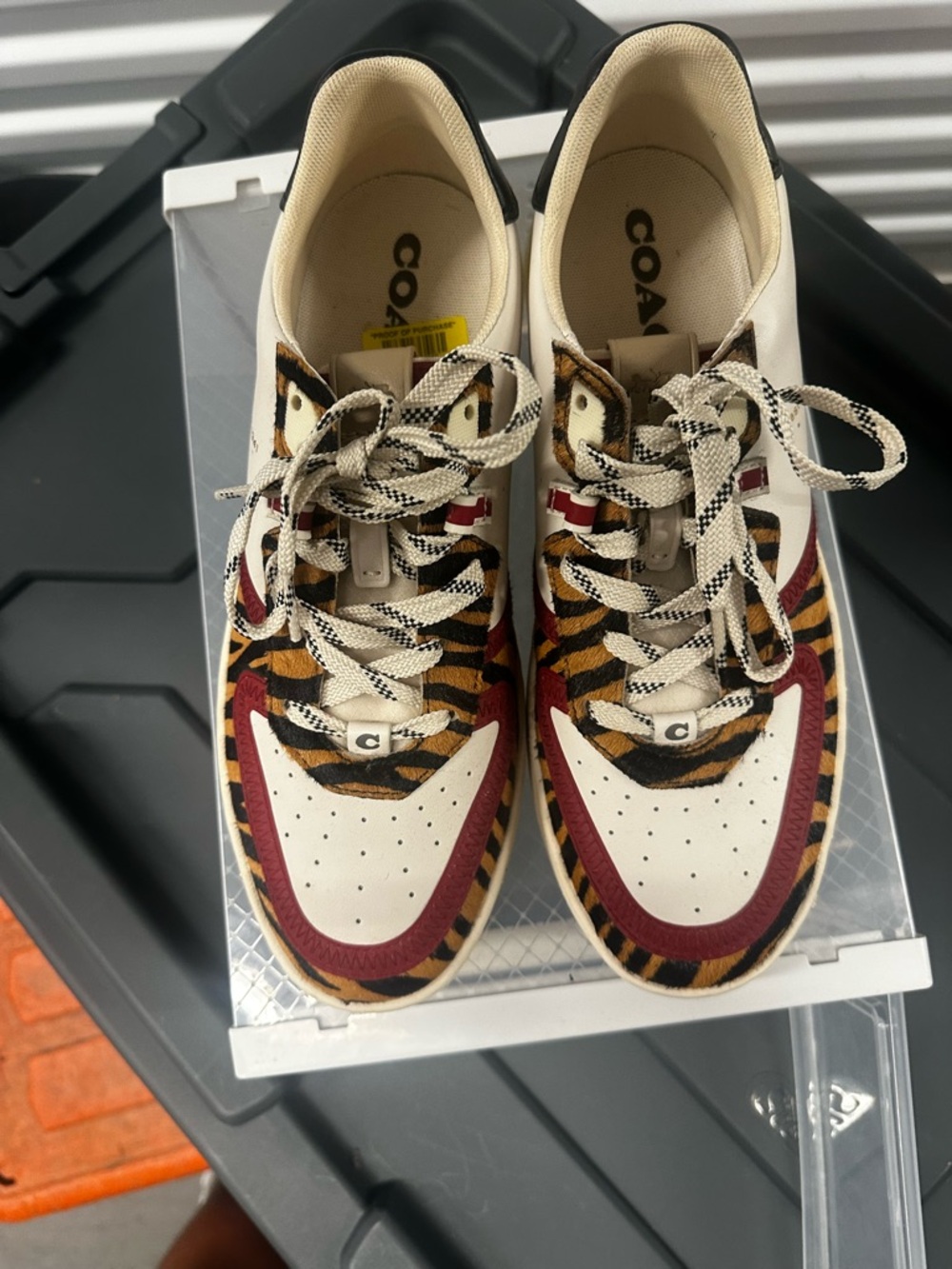 Coach Cream and Burgundy Low-Top Sneakers with Tiger Stripe Panels - Picture 2 of 3
